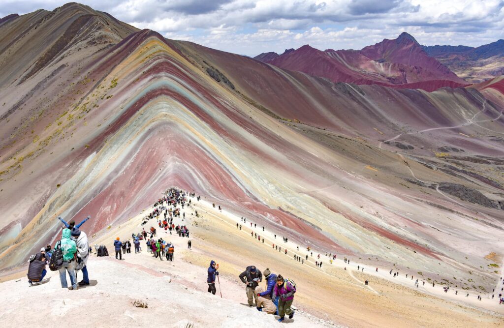 The Rainbow Mountain is usually crowded during the high tourism season.